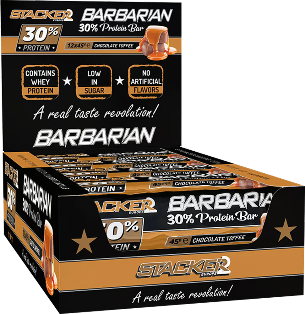 Stacker2 Barbarian 30% Protein Bar - 12 x 45 g Chocolate Toffee