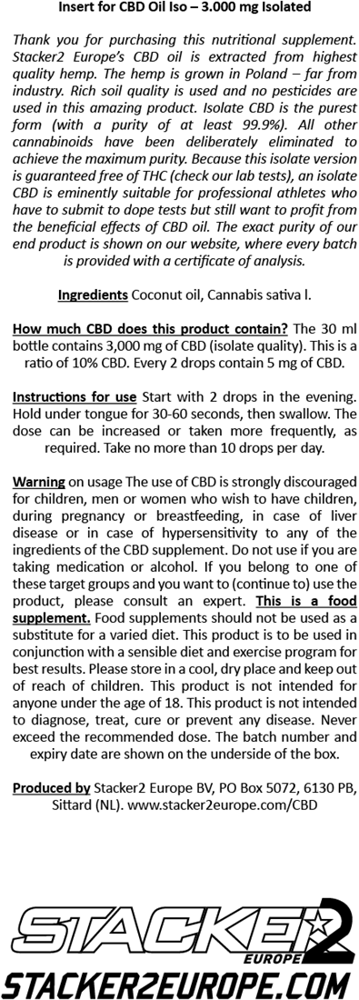 Stacker2 CBD Oil Iso - 3000 mg RAW - 30 ml
